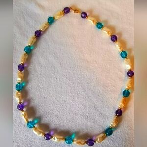 Vintage Trifari Faux Baroque Pearl Turquoise and Purple Lucite Bead Necklace 24"
